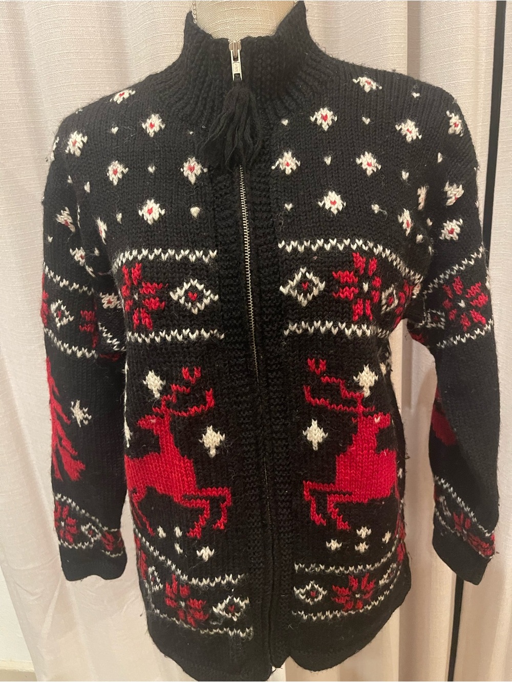 Ralph Lauren Black Zip-Up Sweater with Red & White Reindeer Pattern